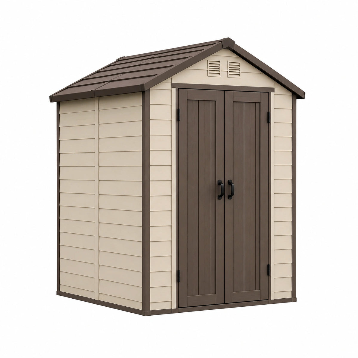 Abri de jardin 185 x 110 x 190 cm en résine beige et marron avec double porte