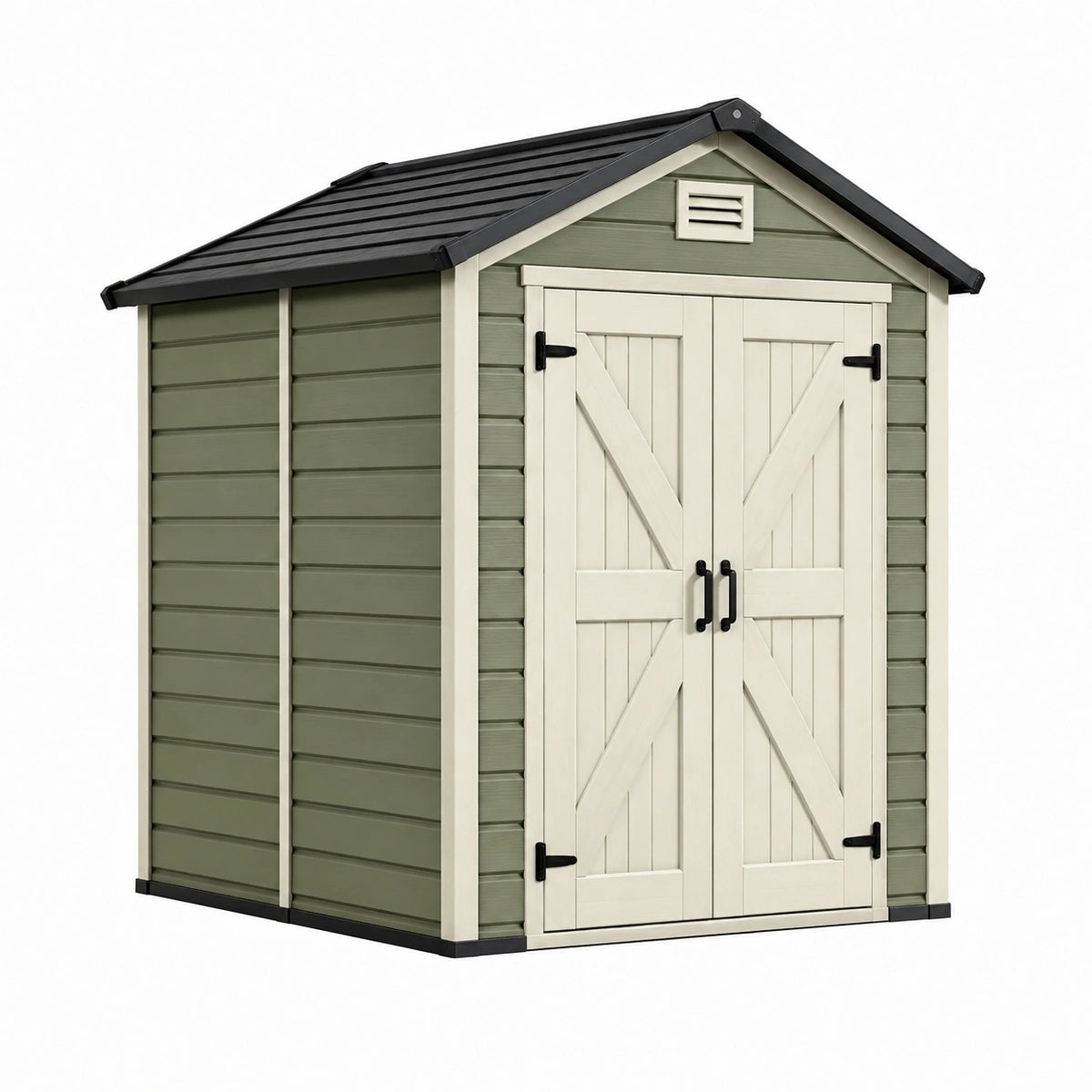 Abri de jardin 193 x 121 x 203 cm en plastique vert et beige avec portes doubles