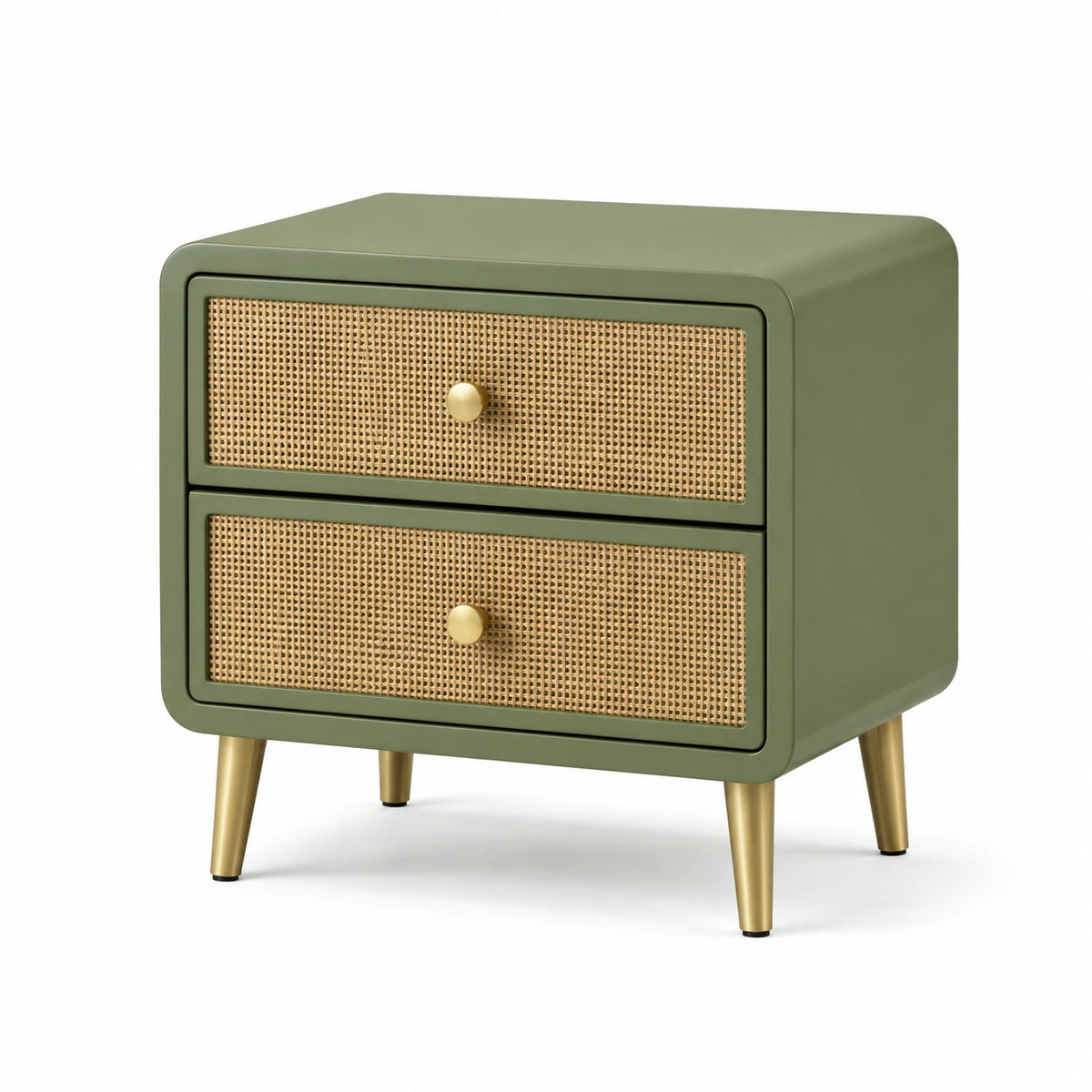 Table de chevet 50 x 40 x 55 cm en bois vert avec cannage style rétro à 2 tiroirs