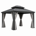 Tonnelle de jardin 300 x 300 cm en métal noir avec rideaux gris et toit rigide