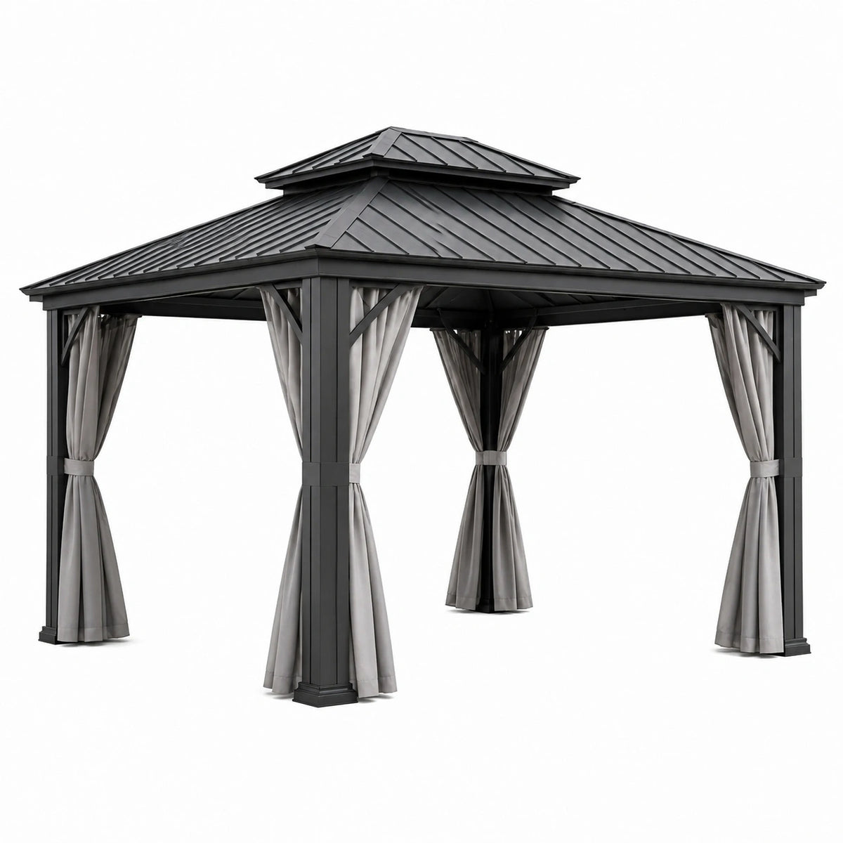 Tonnelle de jardin 300 x 300 cm en métal noir avec rideaux gris et toit rigide