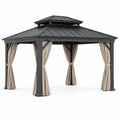 Pavillon de jardin 300 x 300 x 300 cm en acier noir avec rideaux beiges toit ventilé