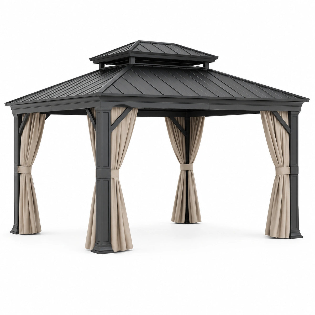Pavillon de jardin 300 x 300 x 300 cm en acier noir avec rideaux beiges toit ventilé