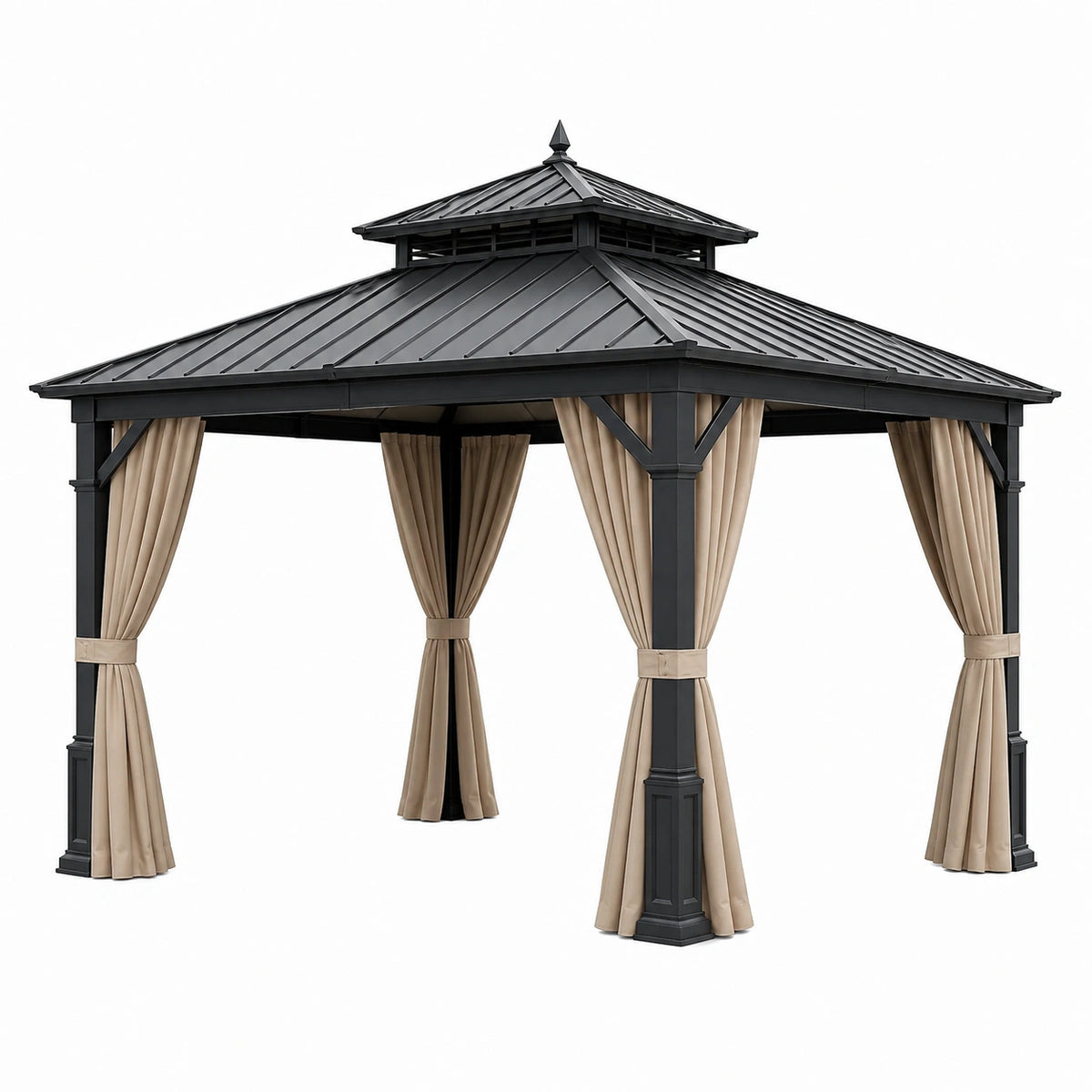 Tonnelle de jardin 300 x 300 cm en métal noir avec rideaux beige style pavillon