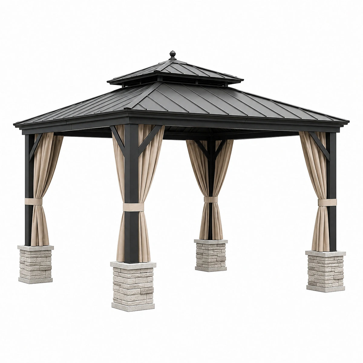 Tonnelle de jardin 400 x 300 x 300 cm en acier noir avec rideaux beiges et toit rigide