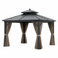 Tonnelle de jardin 300 x 300 cm acier noir avec rideaux taupe toit rigide