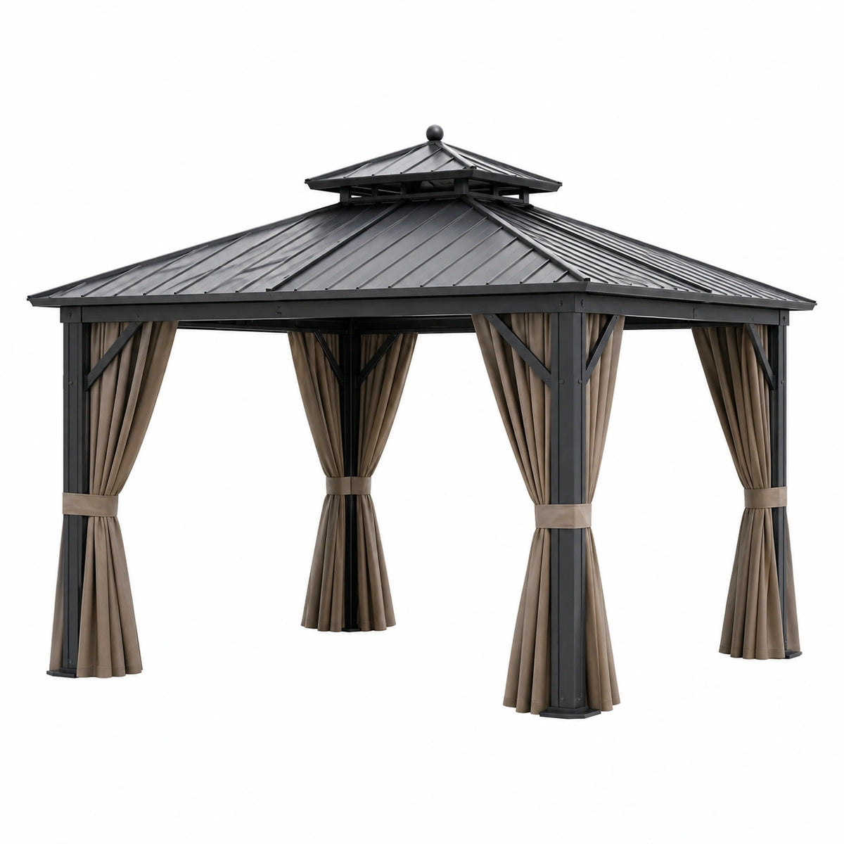 Tonnelle de jardin 300 x 300 cm acier noir avec rideaux taupe toit rigide