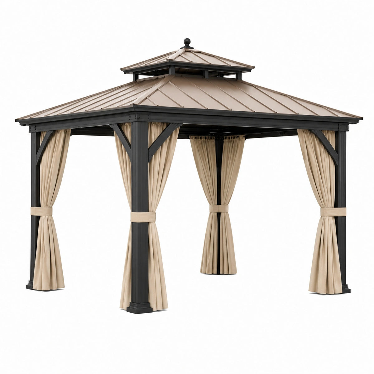 Pavillon de jardin 300 x 300 cm en métal noir et beige avec rideaux