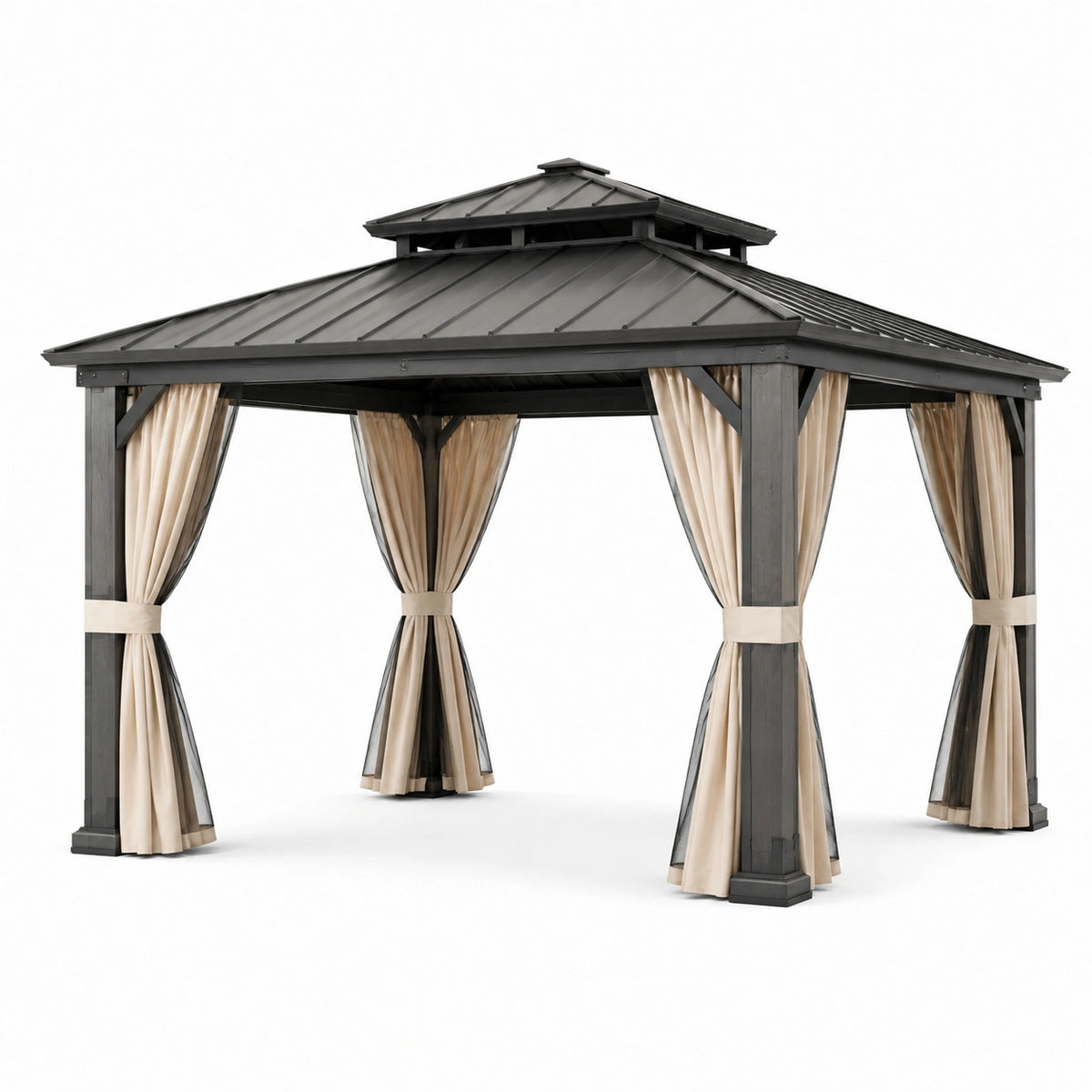 Tonnelle de jardin 300 cm x 300 cm x 300 cm en métal anthracite avec rideaux style pavillon