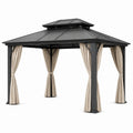 Tonnelle de jardin 300 x 300 cm en acier noir avec rideaux beige toit rigide