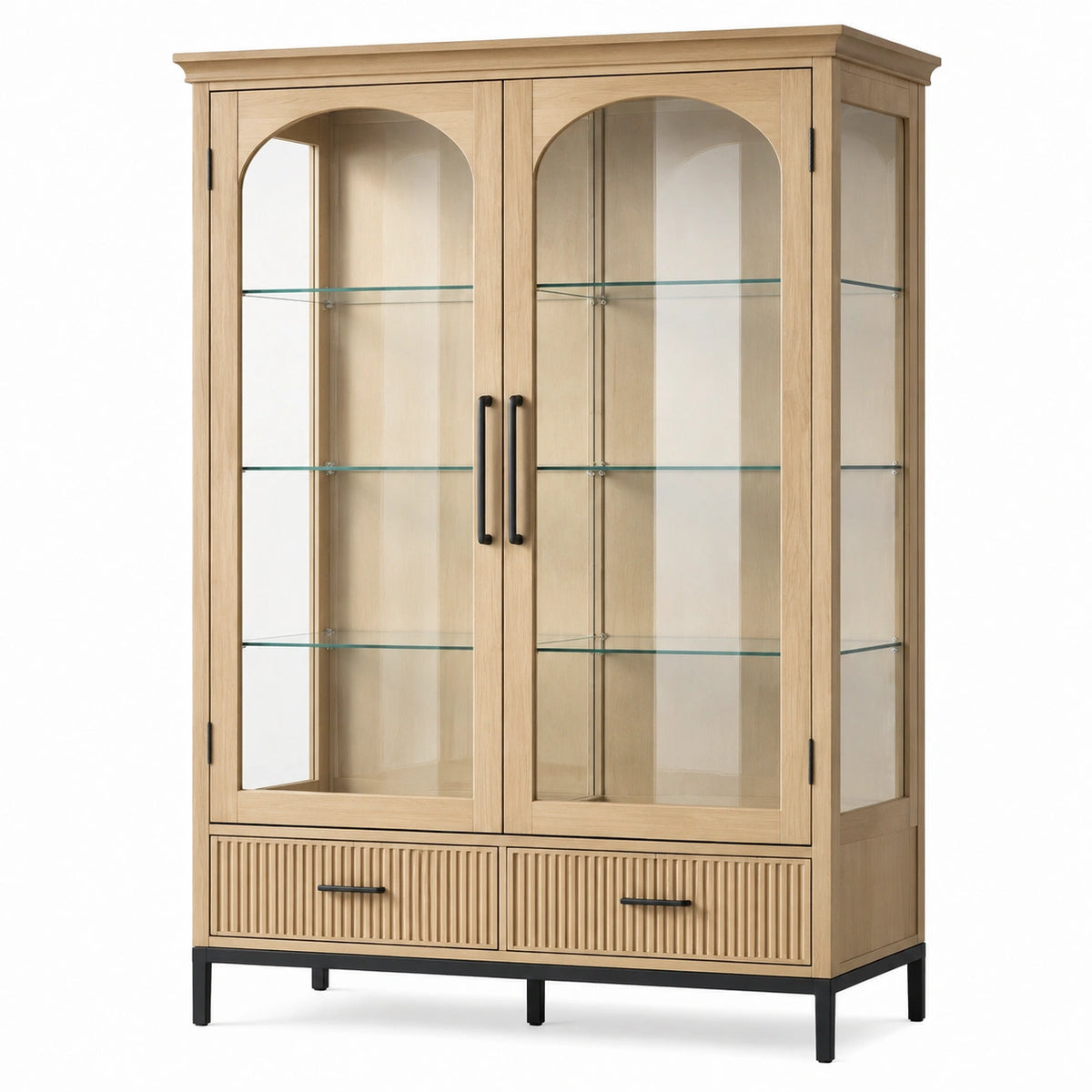 Vitrine 100 x 40 x 180 cm en bois et verre chêne naturel avec tiroirs style contemporain