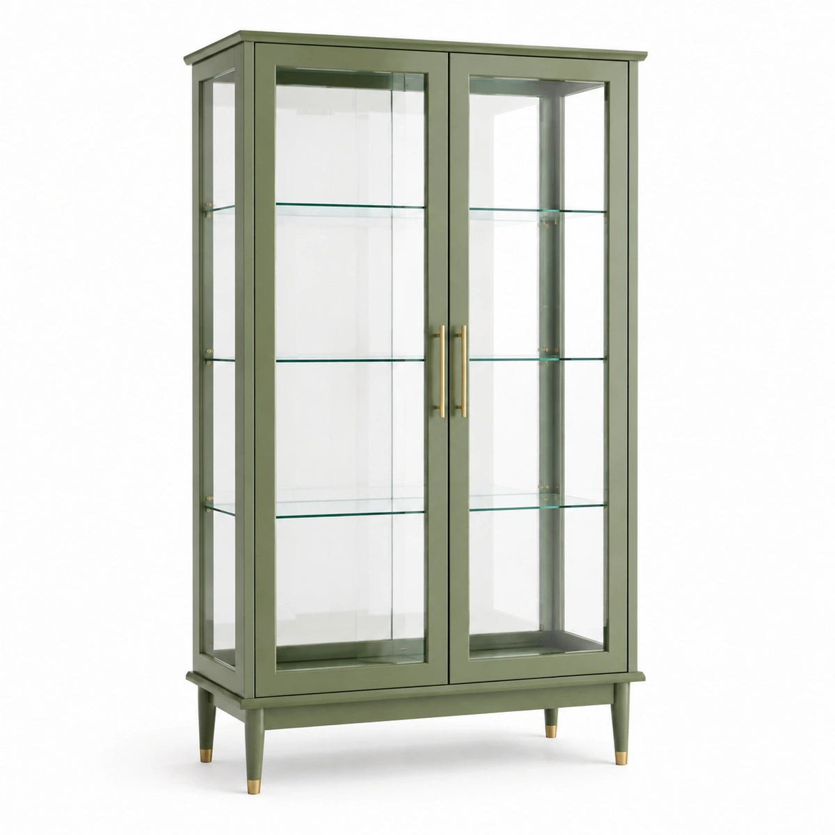 Vitrine 90 x 40 x 180 cm en bois et verre vert olive avec portes vitrées