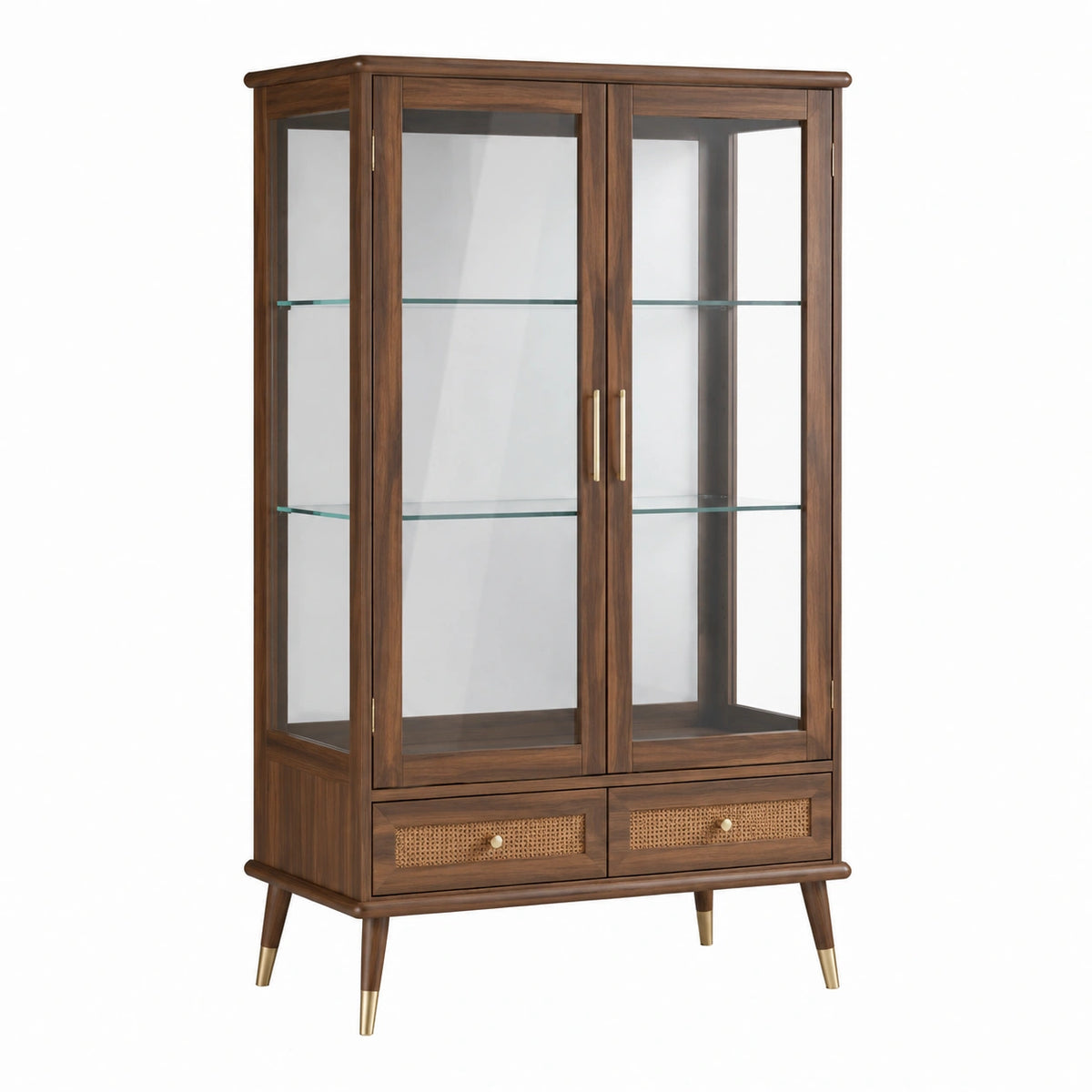 Vitrine 100 x 40 x 180 cm en bois marron avec verre et cannage - style rétro