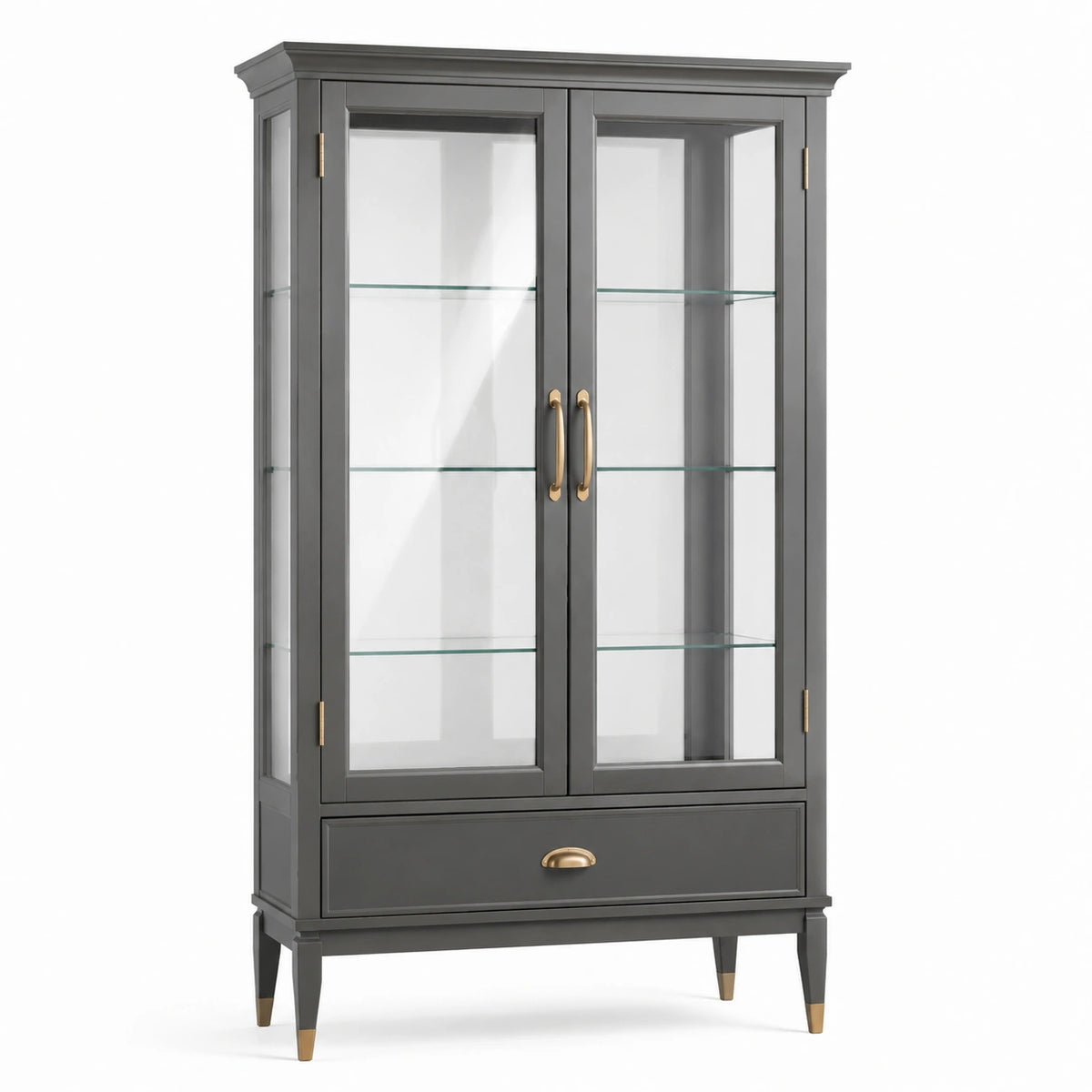 Vitrine 100 x 45 x 190 cm en bois gris avec portes vitrées style classique