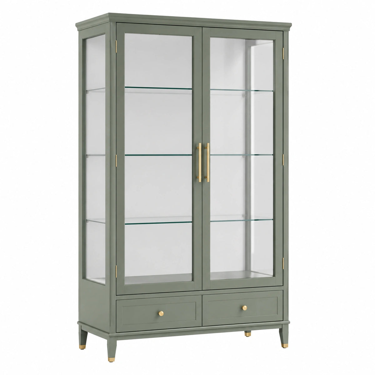 Vitrine 100 x 45 x 190 cm en bois et verre vert sauge avec rangement classique