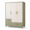 Armoire 120 x 55 x 190 cm en panneaux de bois vert sauge et blanc à 3 portes 3 tiroirs style contemporain