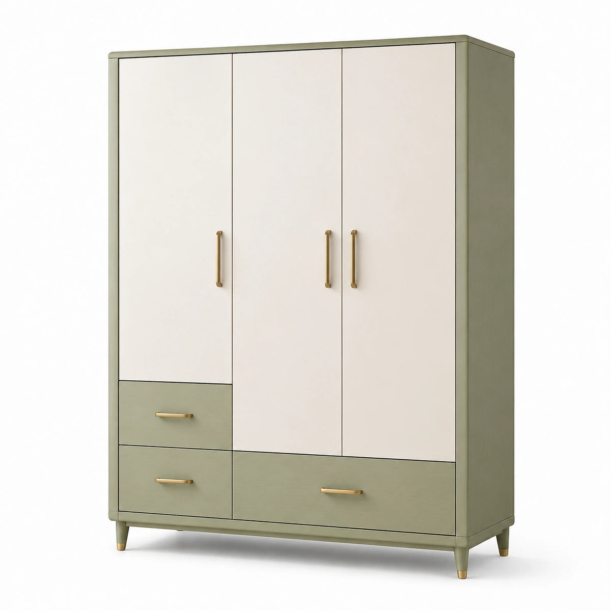 Armoire 120 x 55 x 190 cm en panneaux de bois vert sauge et blanc à 3 portes 3 tiroirs style contemporain