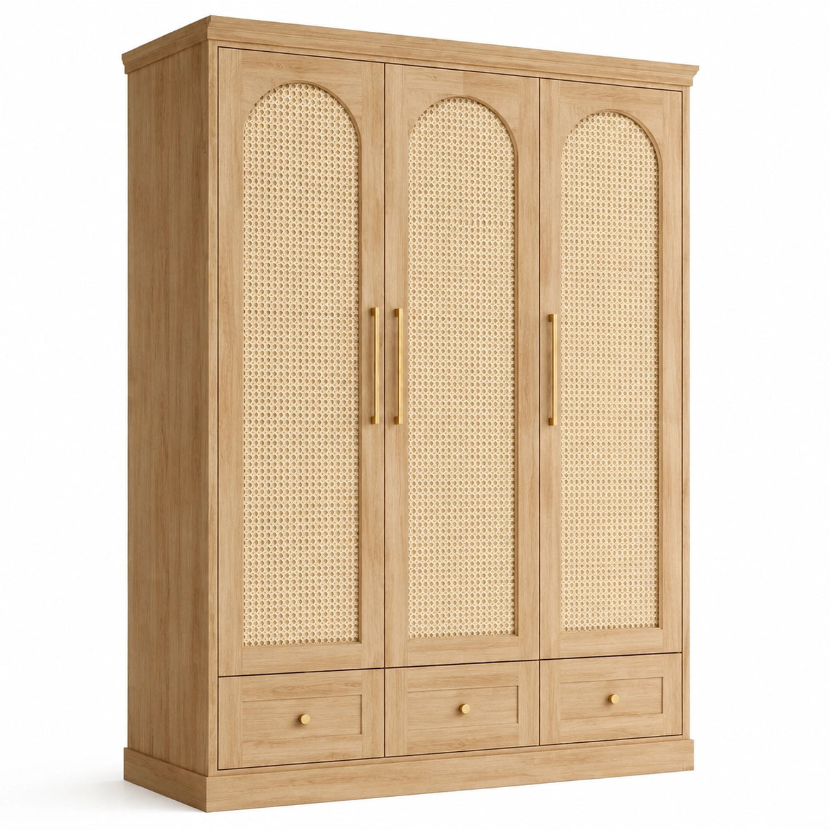 Armoire 3 portes 150 x 55 x 200 cm bois naturel cannage rangement style bohème
