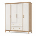 Armoire 200 x 60 x 220 cm en panneaux de bois beige et blanc à 4 portes avec 2 tiroirs