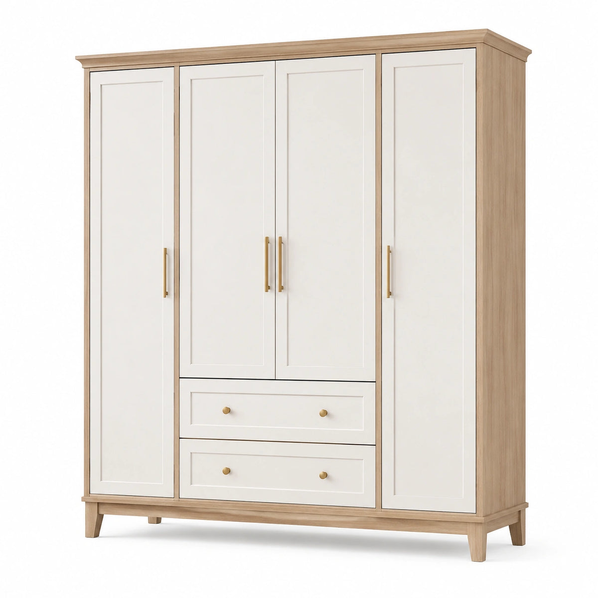 Armoire 200 x 60 x 220 cm en panneaux de bois beige et blanc à 4 portes avec 2 tiroirs